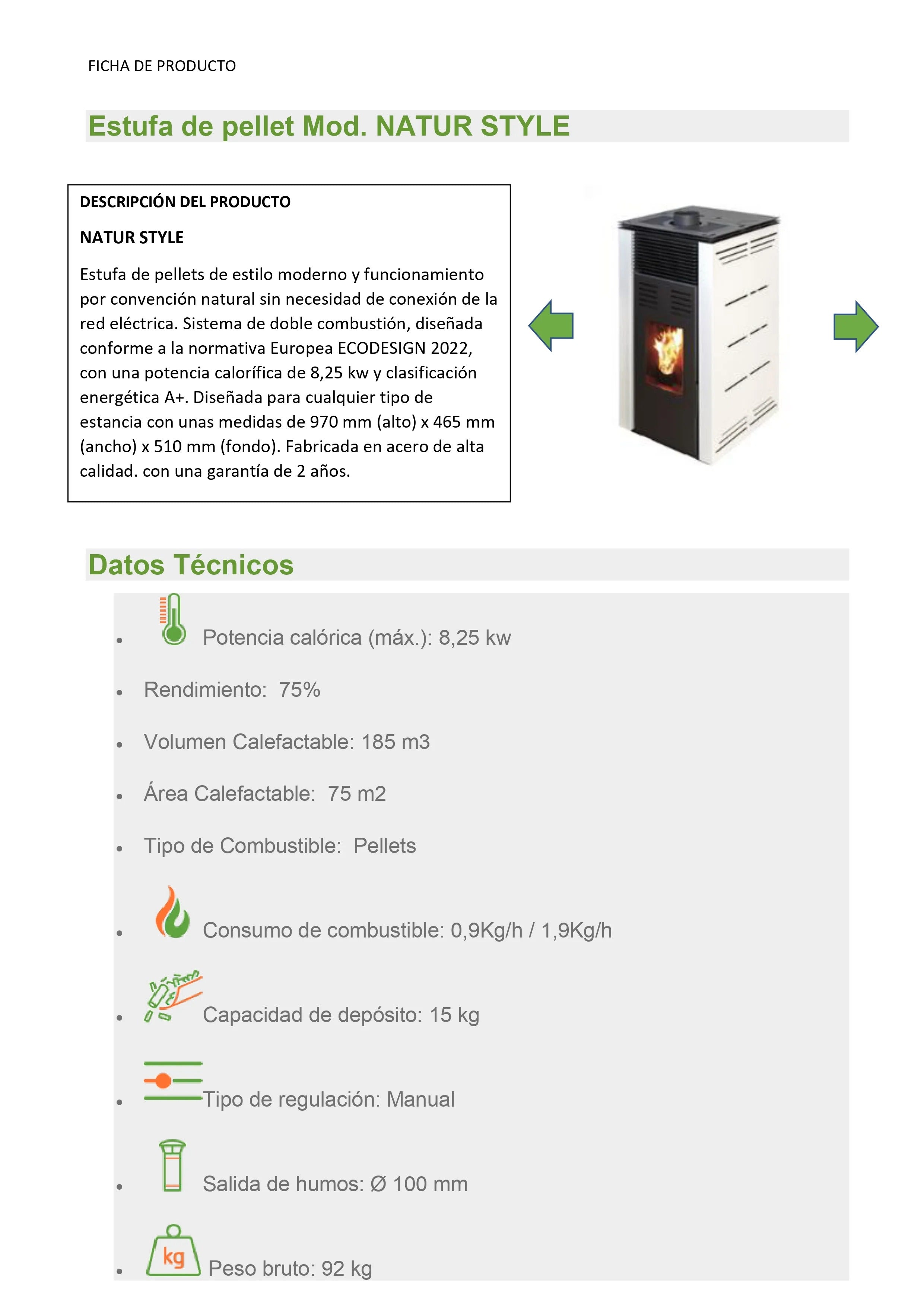 JOIMA - Estufa de Pellets sin electricidad modelo NATUR STYLE 8 kW. Funciona sin Conexion a la red Eléctrica. Color Negro